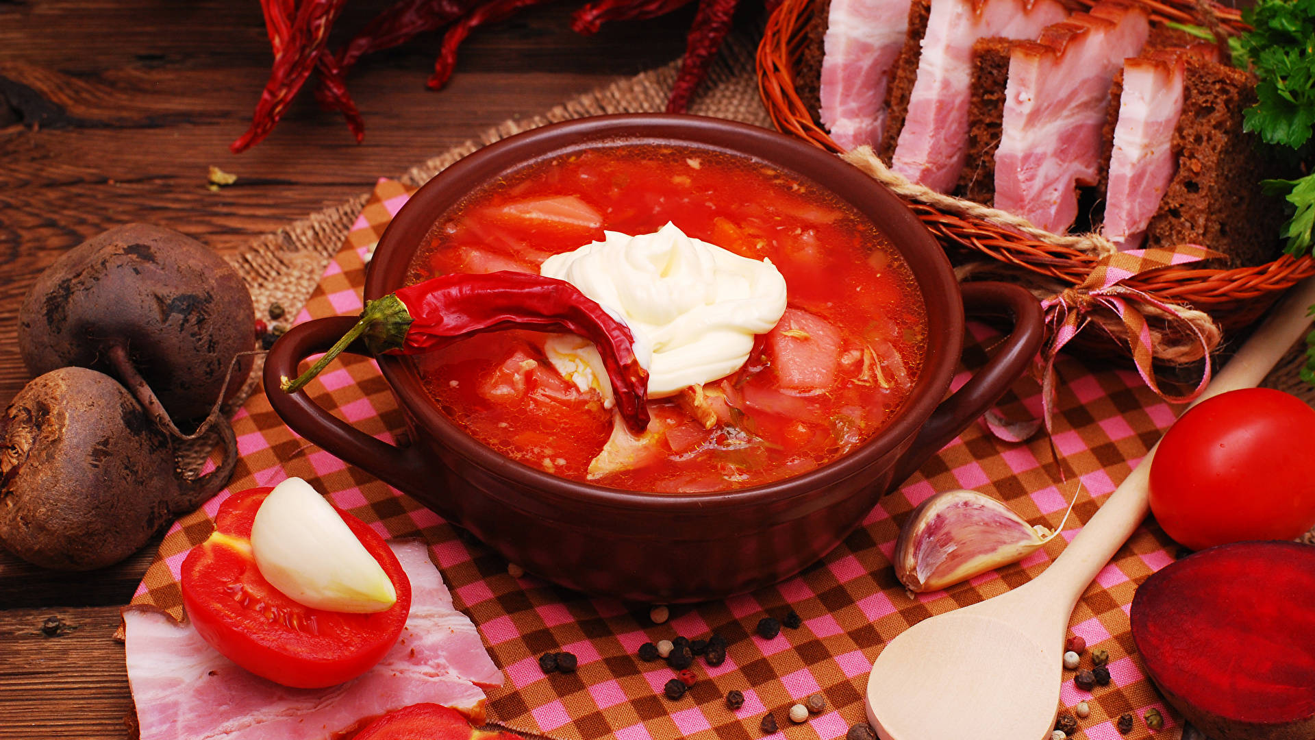 A Vibrant Bowl Of Chili Tomato Borscht. Background