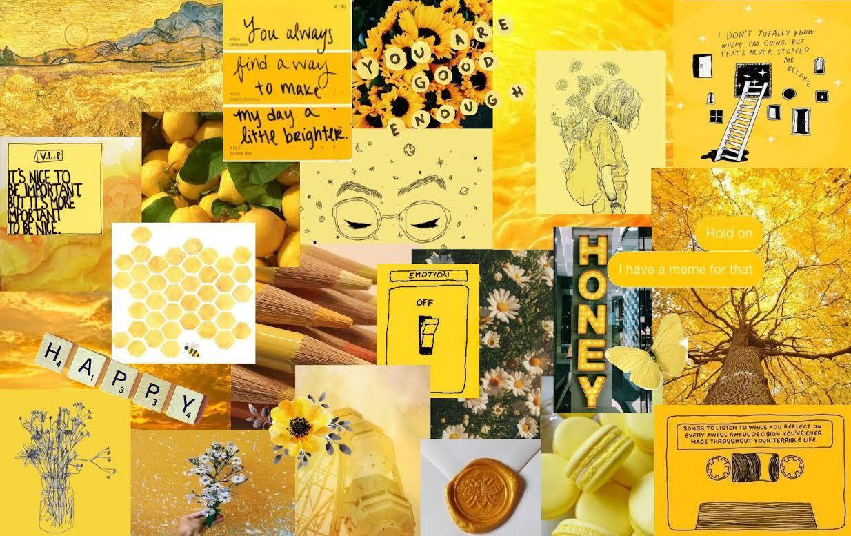 A Vibrant Yellow Aesthetic Collage On A Laptop Screen Background