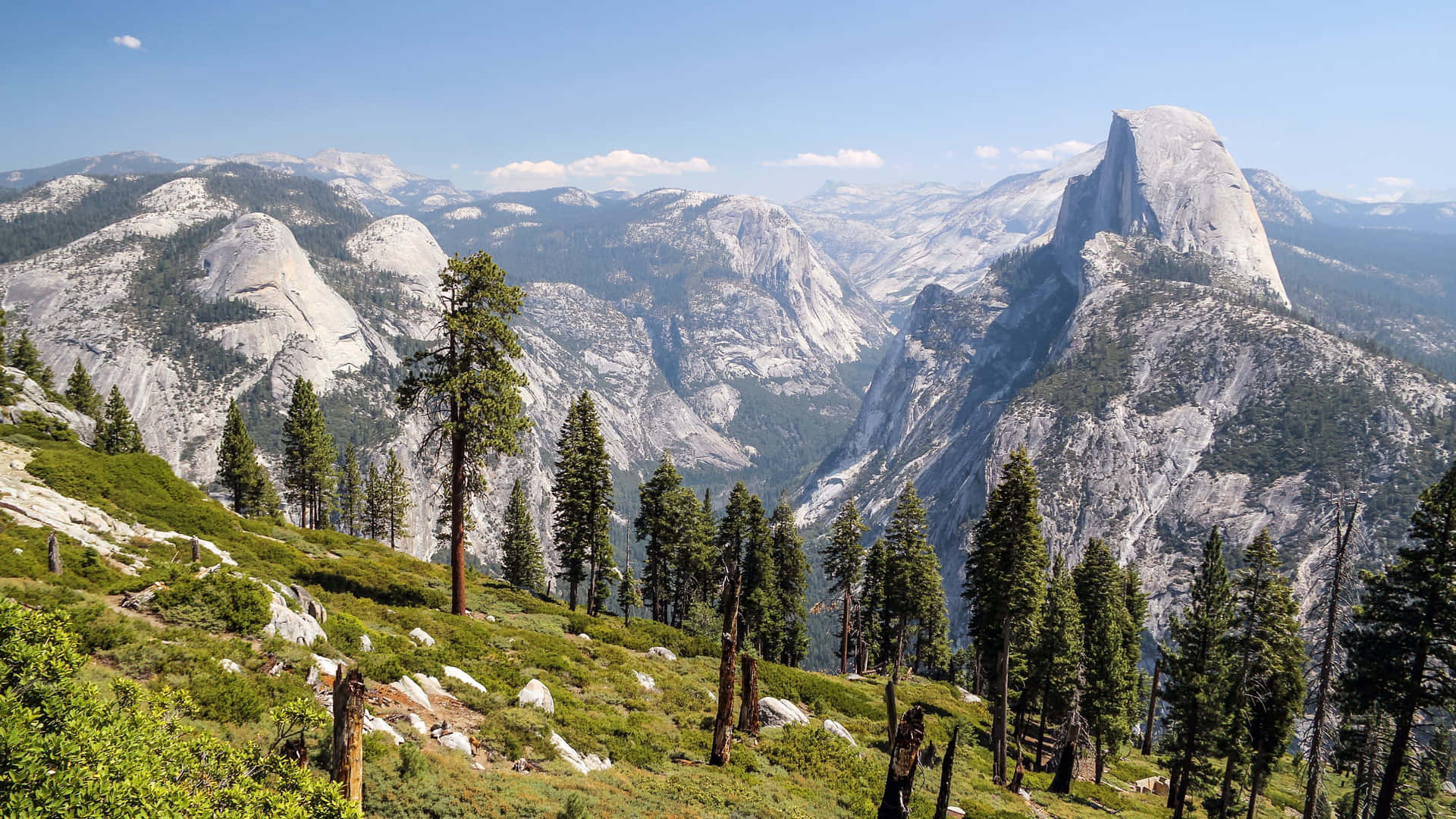 A View Of A Mountain Range With Trees And Mountains Background
