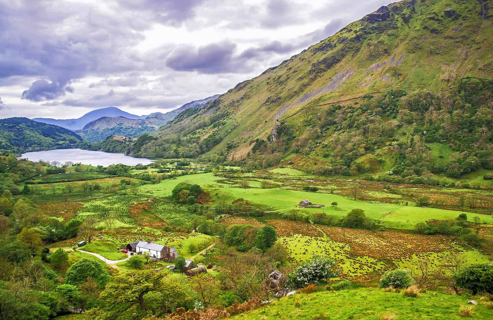 A View Of A Valley With A Lake And Green Grass