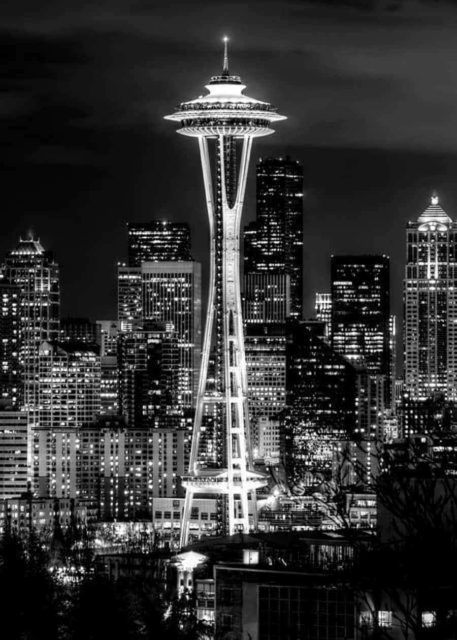 A View Of Seattle, Wa In Black And White Background