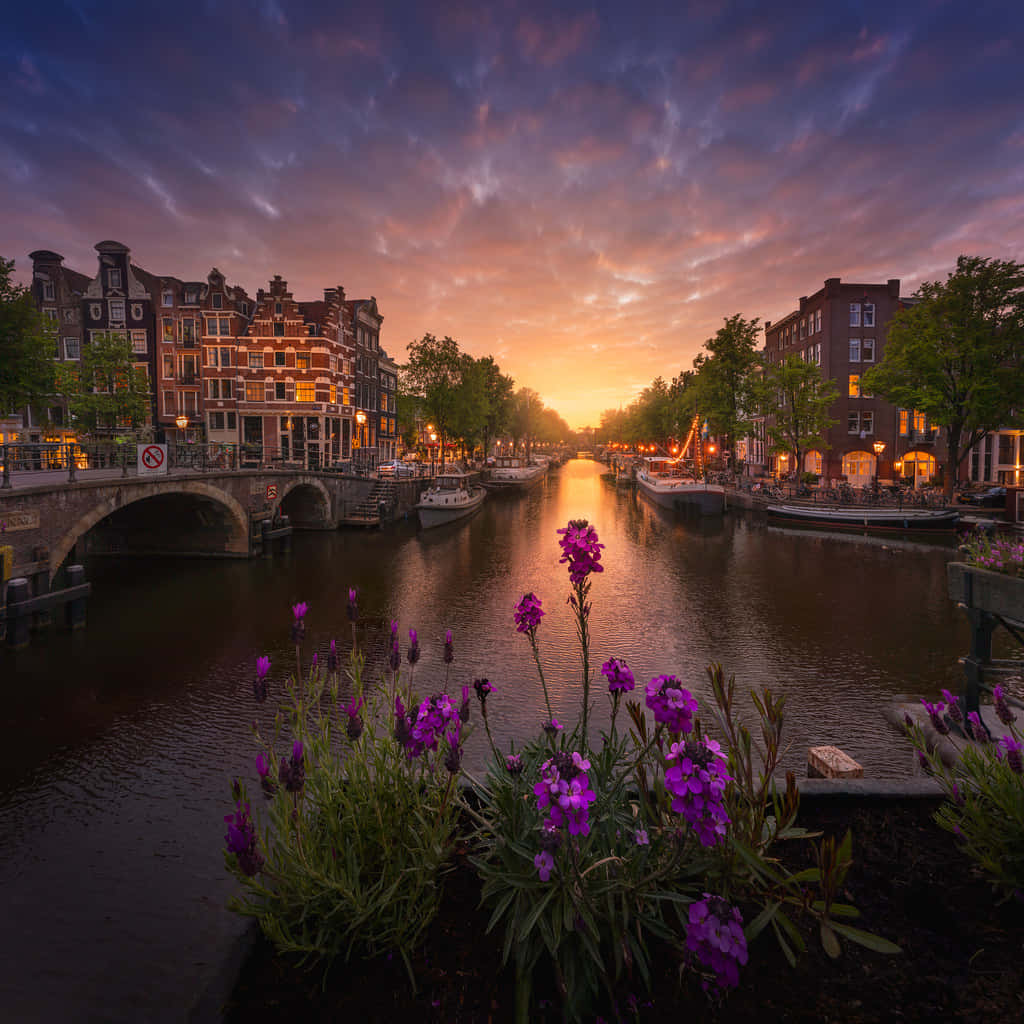 A View Of The Beautiful Canals Of Amsterdam In The Springtime Background