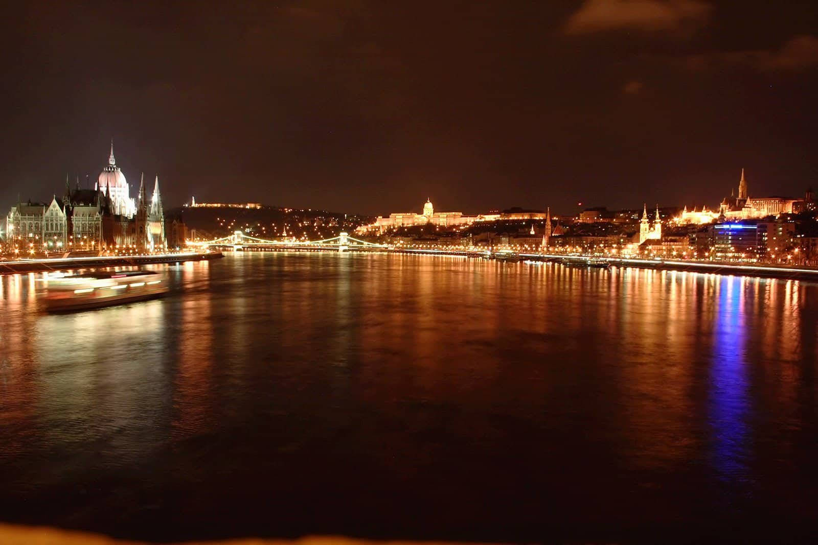 A View Of The Danube River At Night