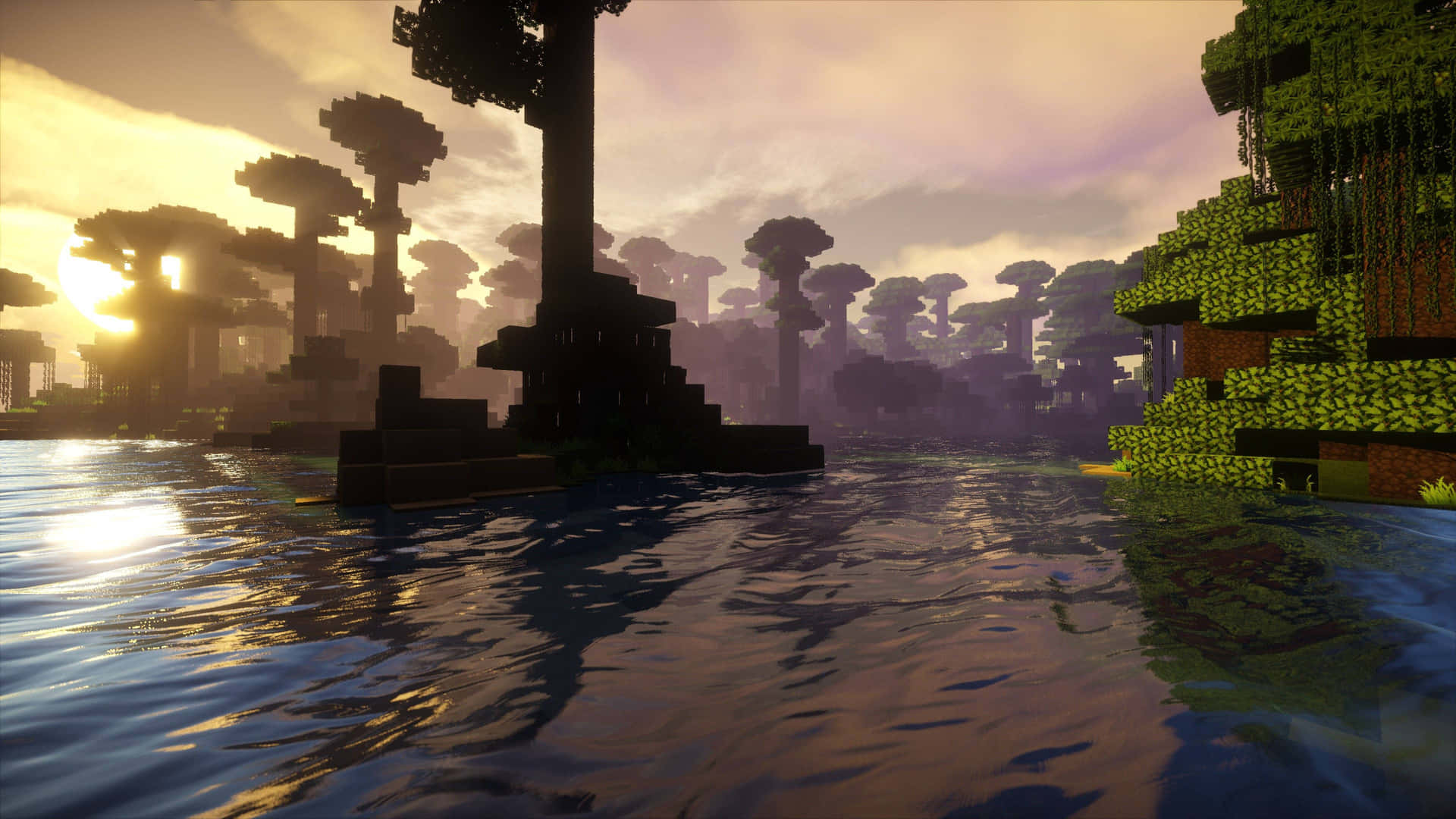 A View Of The Horizon At Sunset In The Game Of Minecraft Background