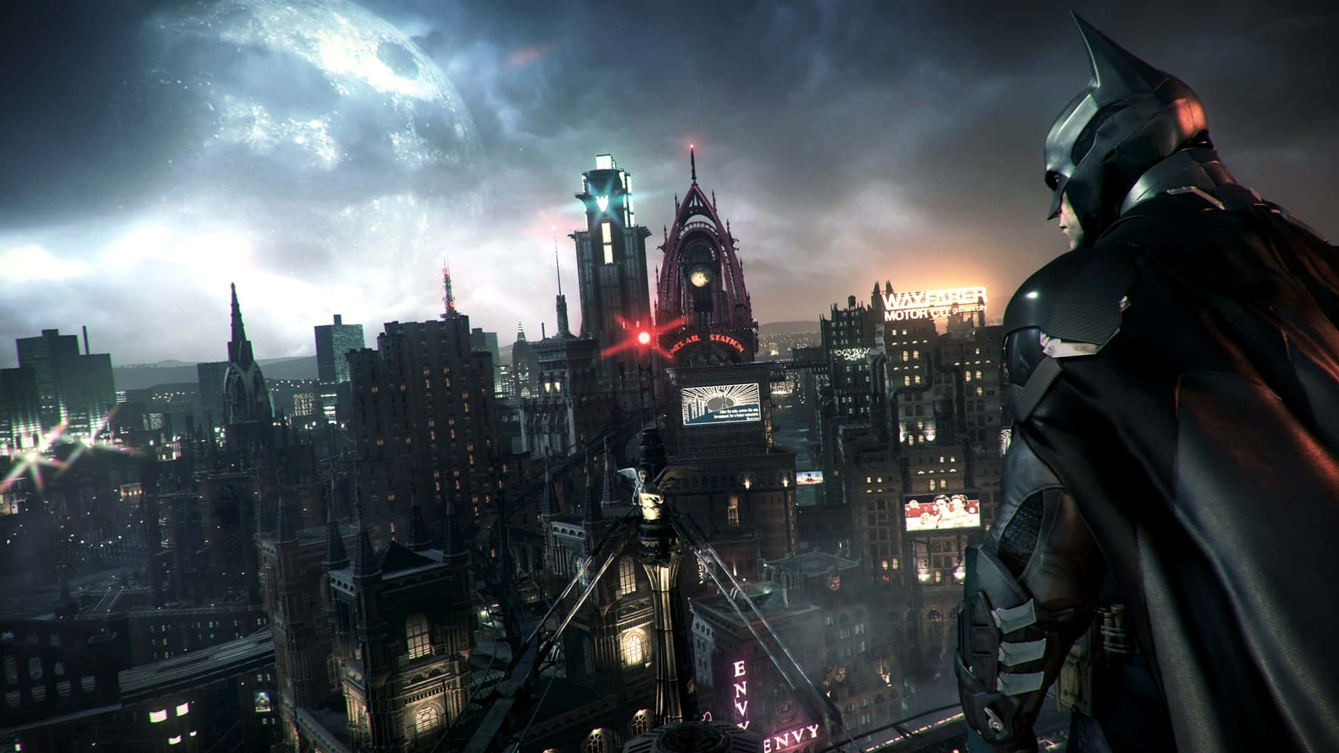 A View Of The Iconic Bat Signal Shining Across Batman City Background