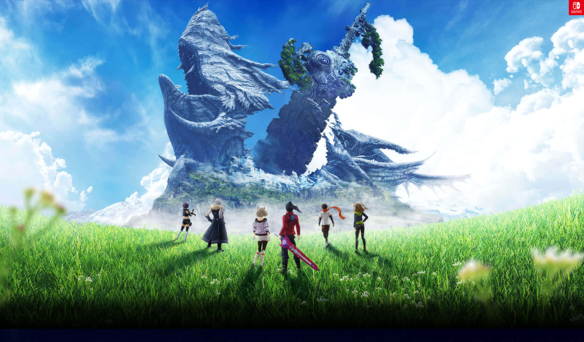 A View Of Xenoblade's Iconic Mechs Flying Across A Sprawling Landscape Background