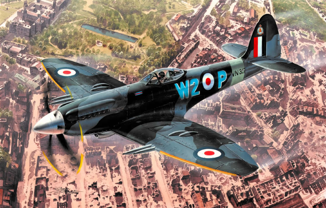 A Vintage Airplane Flying Over A City Background