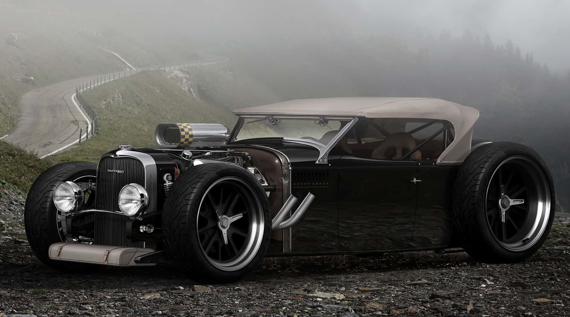 A Vintage Car Is Parked On A Mountain Road Background