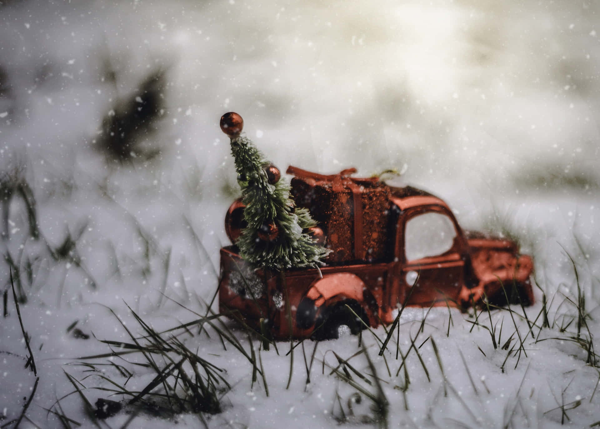 A Vintage Pickup Truck Decorated For Christmas. Background