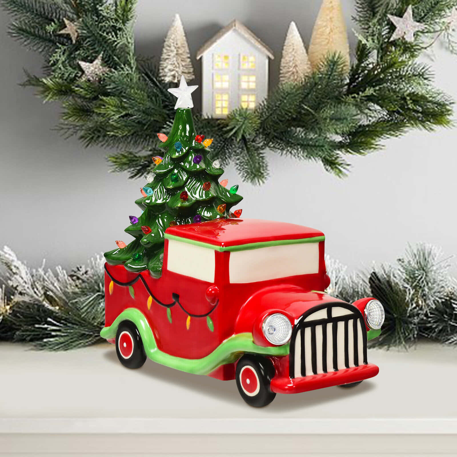 A Vintage Truck Surrounded By Cheerful Christmas Lights Background