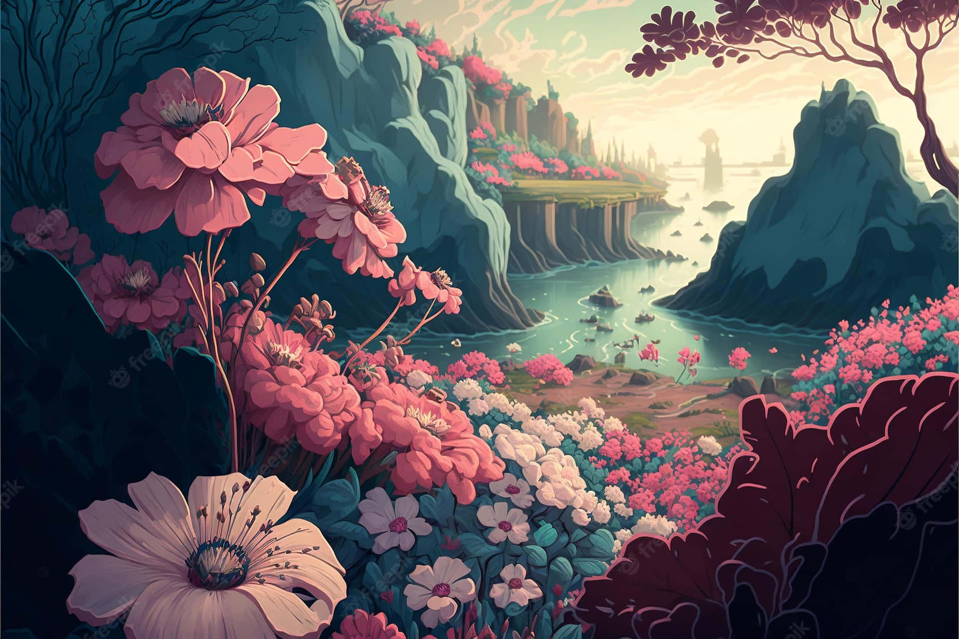 A Vivid Portrait Of A Beautiful Blooming Anime Flower Background