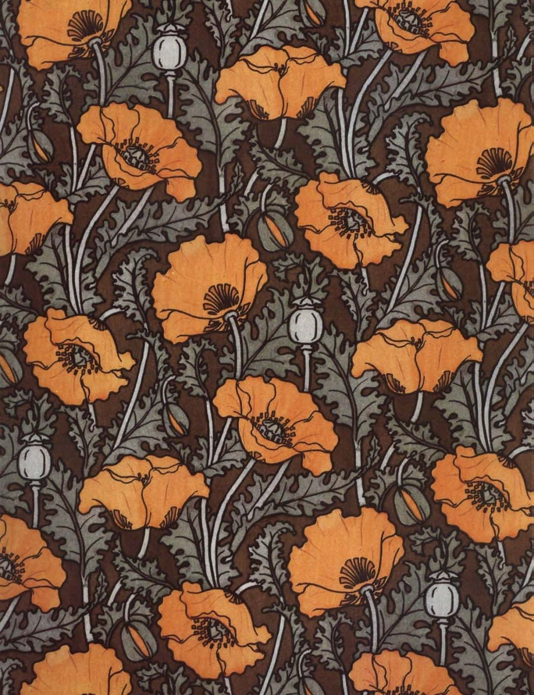 A Wallpaper With Orange And Black Flowers Background