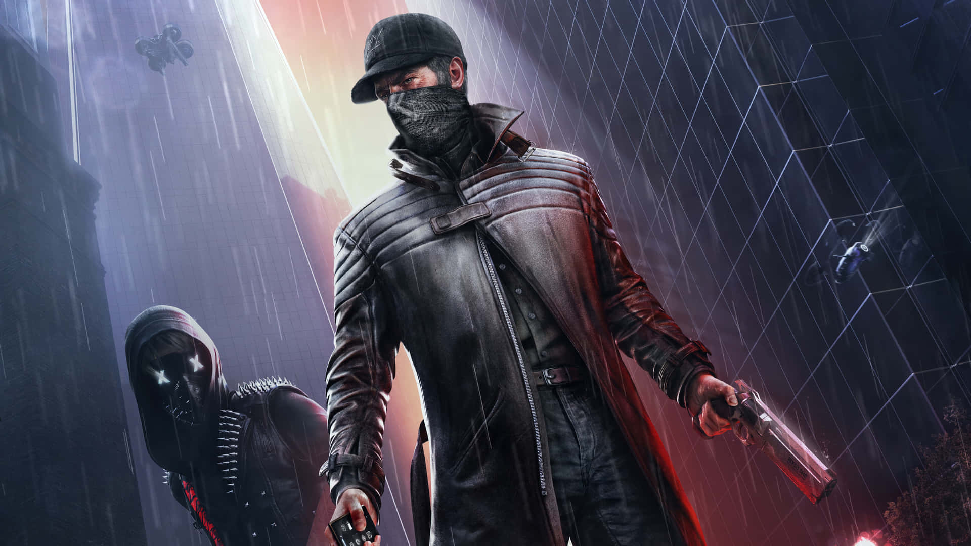 A Watch Dogs Themed Illustration Of A Man In A Hoodie And Mask With A City Skyline Behind Him Background