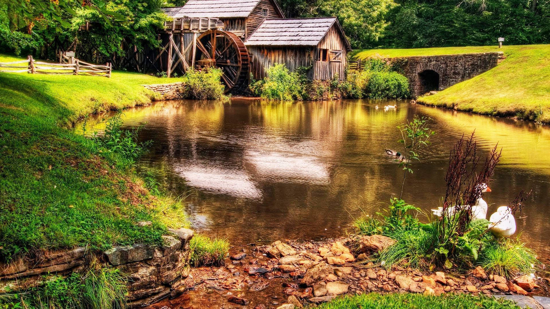 A Water Mill Is Surrounded By Grass And Trees Background