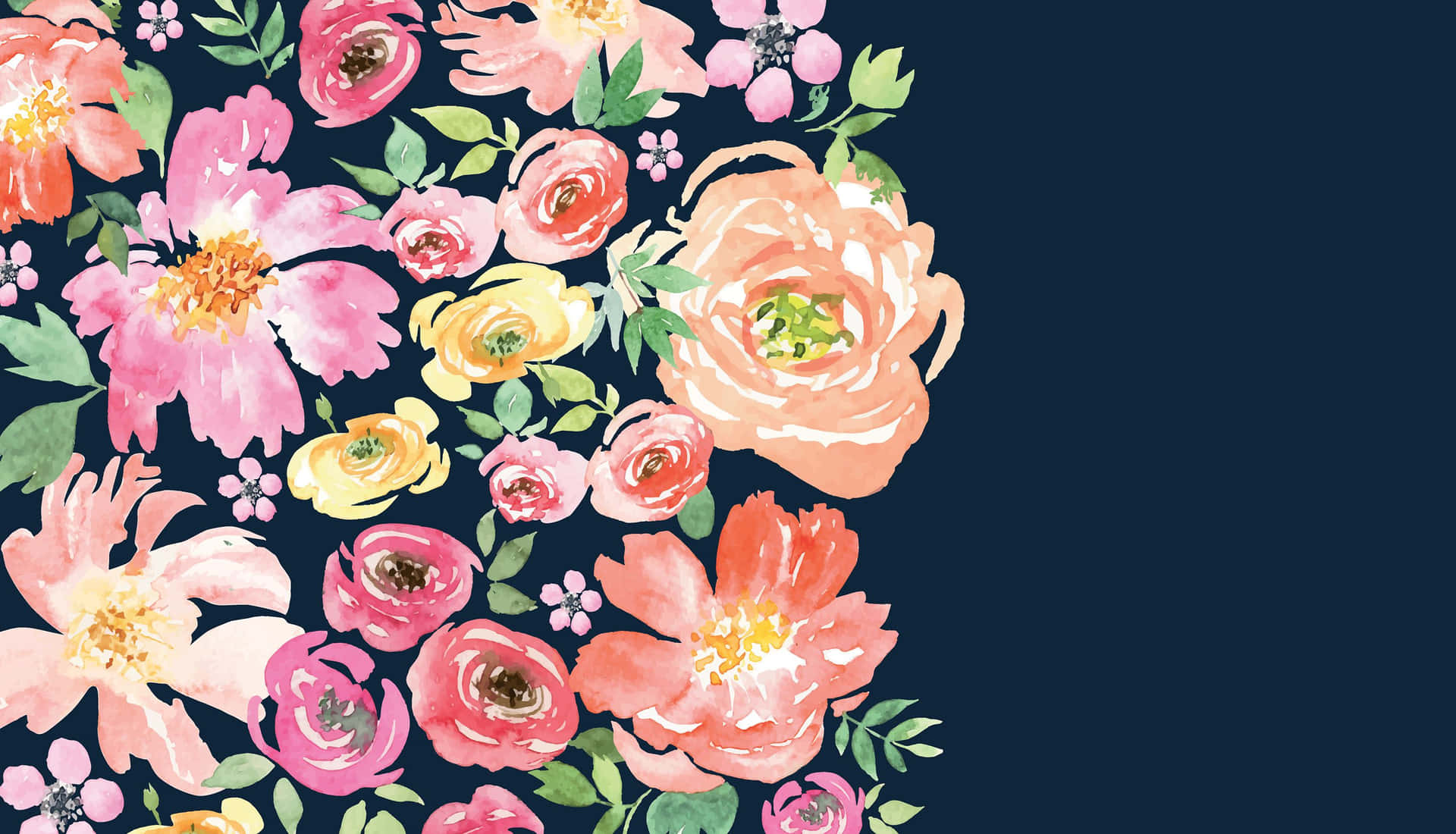 A Watercolor Floral Border On A Navy Background Background