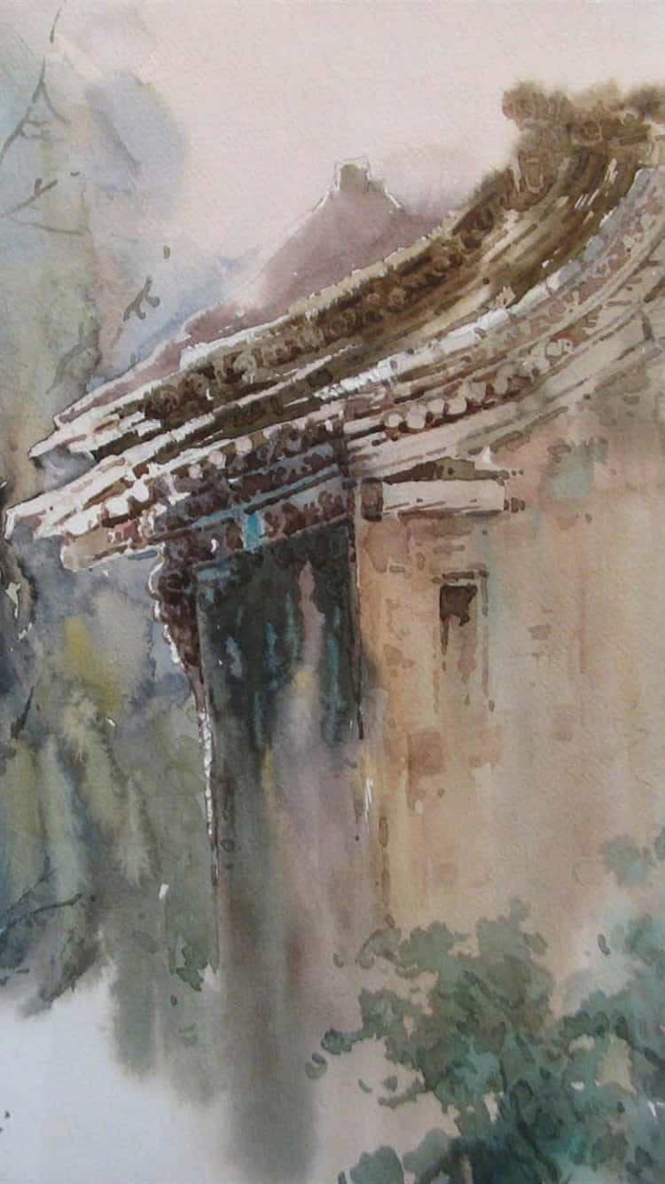 A Watercolor Painting Of A House In The Mountains Background