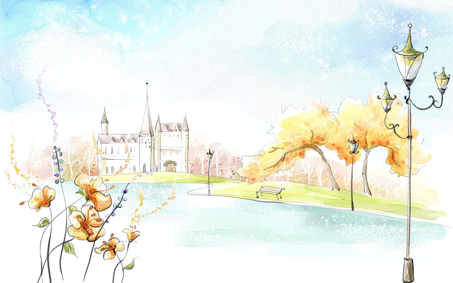 A Watercolor Painting Of A Park With A Lamppost And Flowers Background