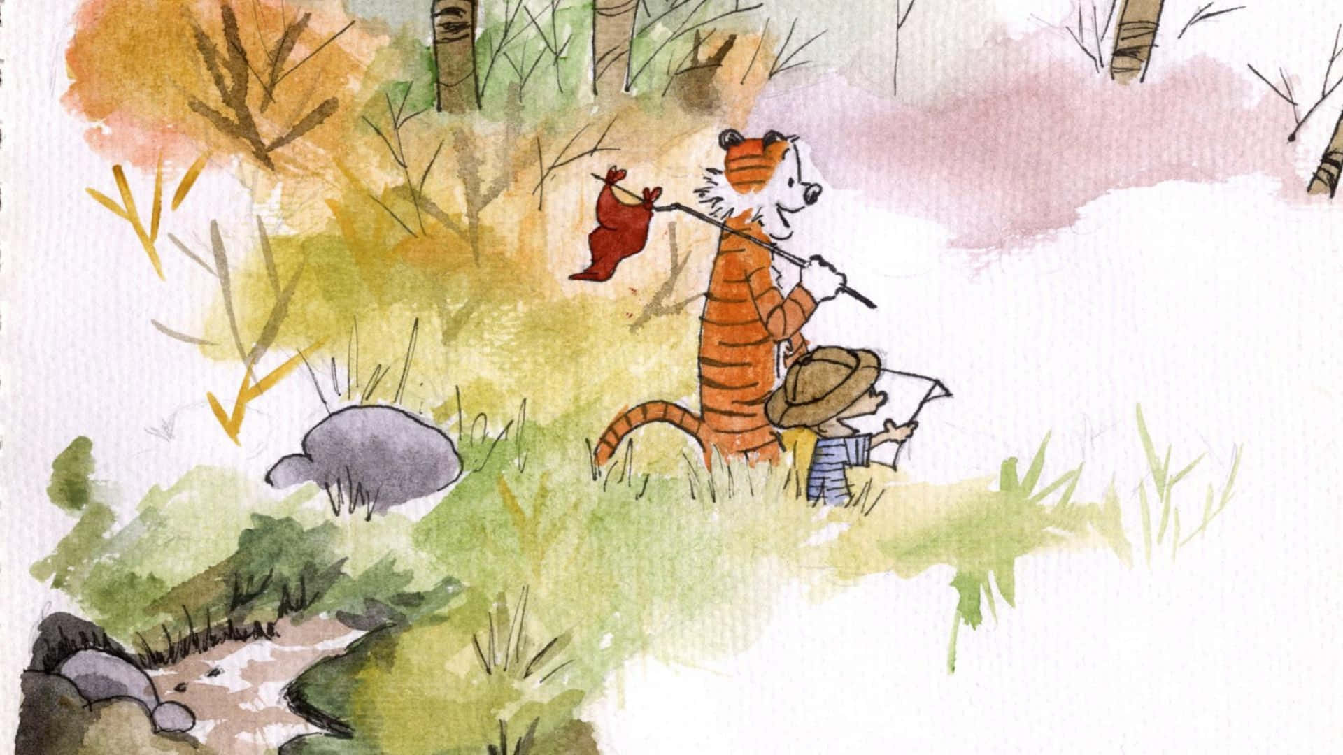 A Watercolor Painting Of A Tiger And A Boy In The Woods Background