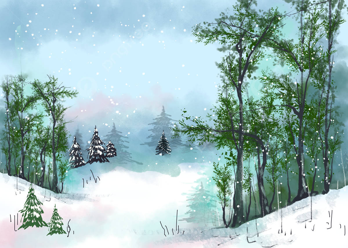 A Watercolor Painting Of A Winter Scene With Trees Background