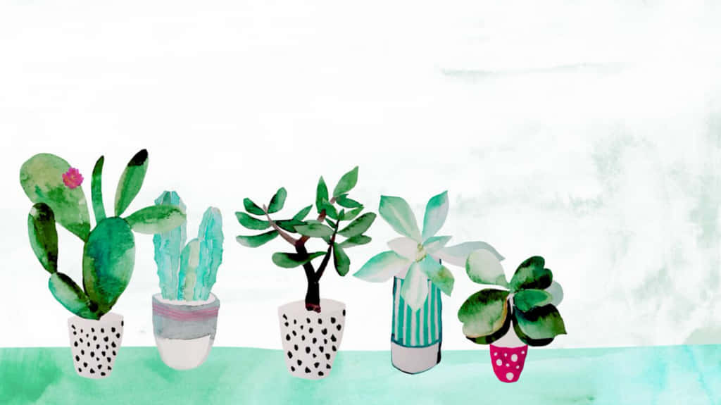 A Watercolor Painting Of Cactus Plants In Pots