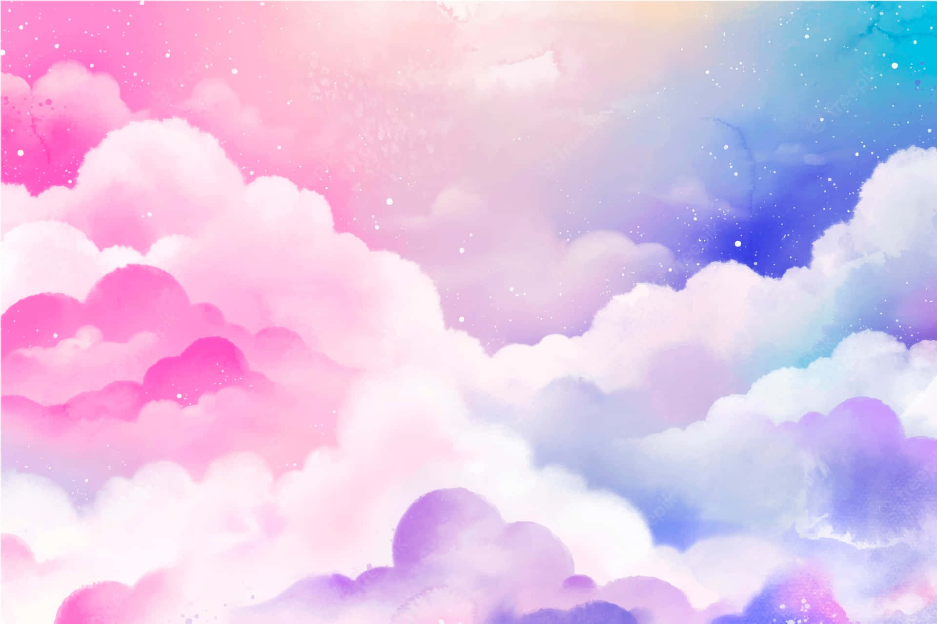 A Watercolor Painting Of Clouds In Pink, Blue And Purple