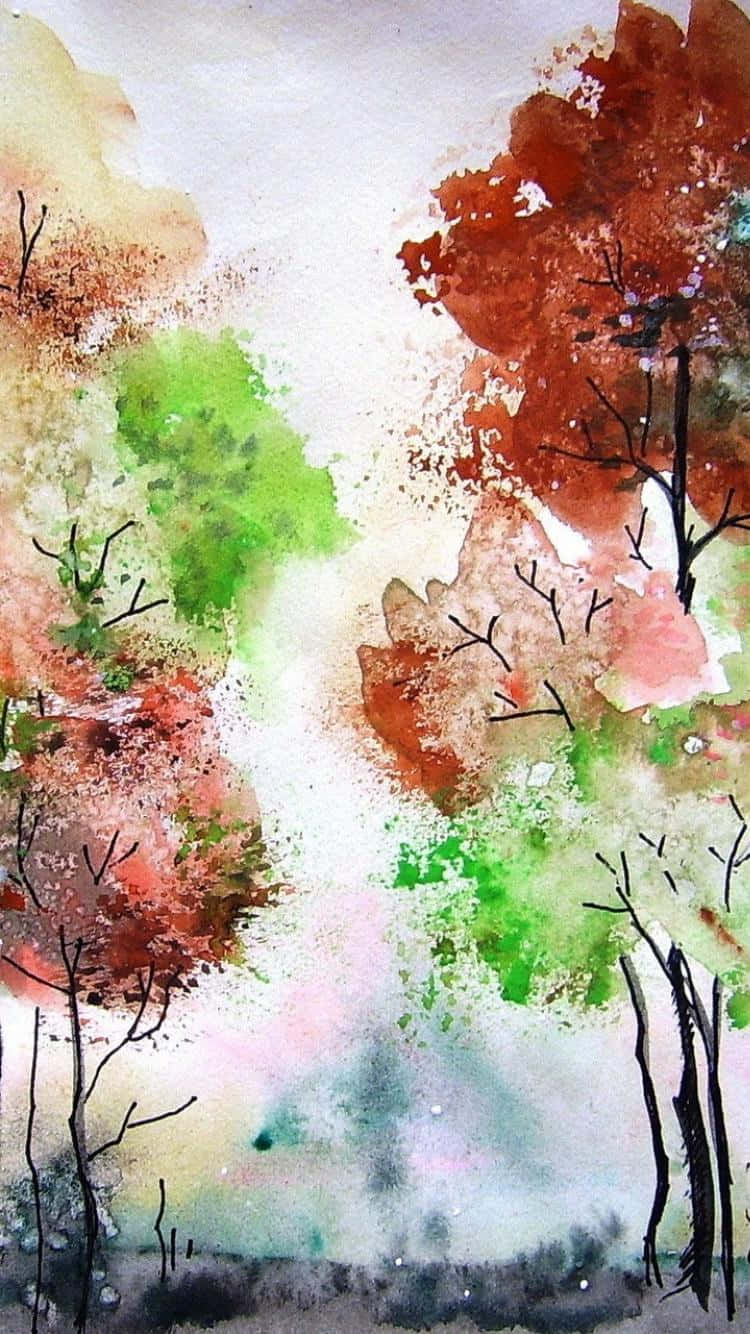 A Watercolor Painting Of Trees In Autumn Colors Background