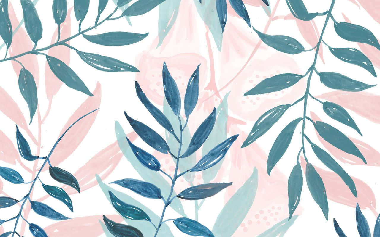 A Watercolor Pattern With Blue And Pink Leaves Background