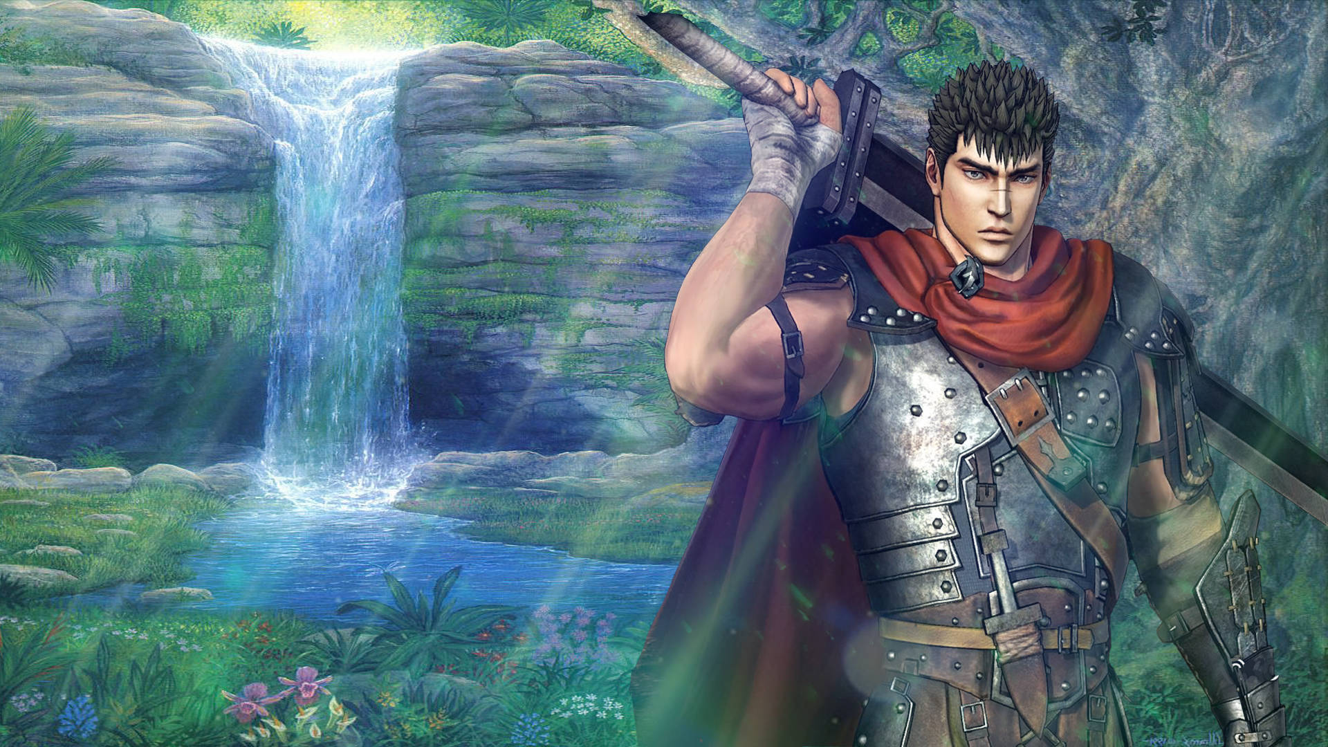 A Waterfall Behind Berserk Guts Background