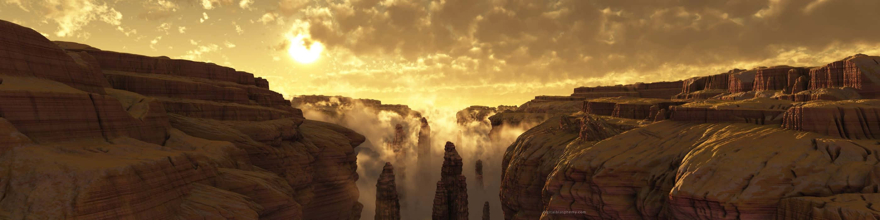 A Waterfall In A Canyon With A Sunset
