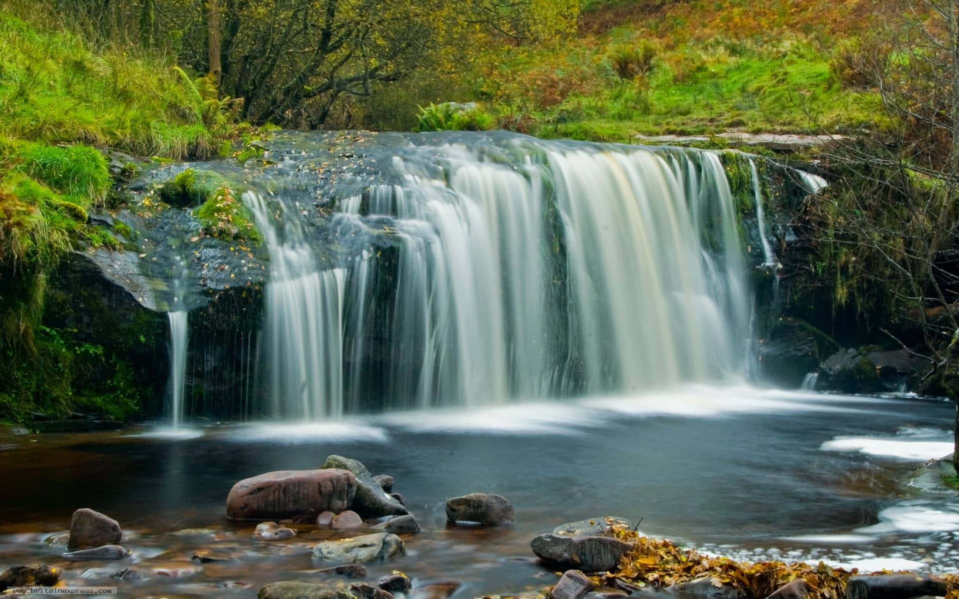 A Waterfall In A Forest With Rocks And Trees Background