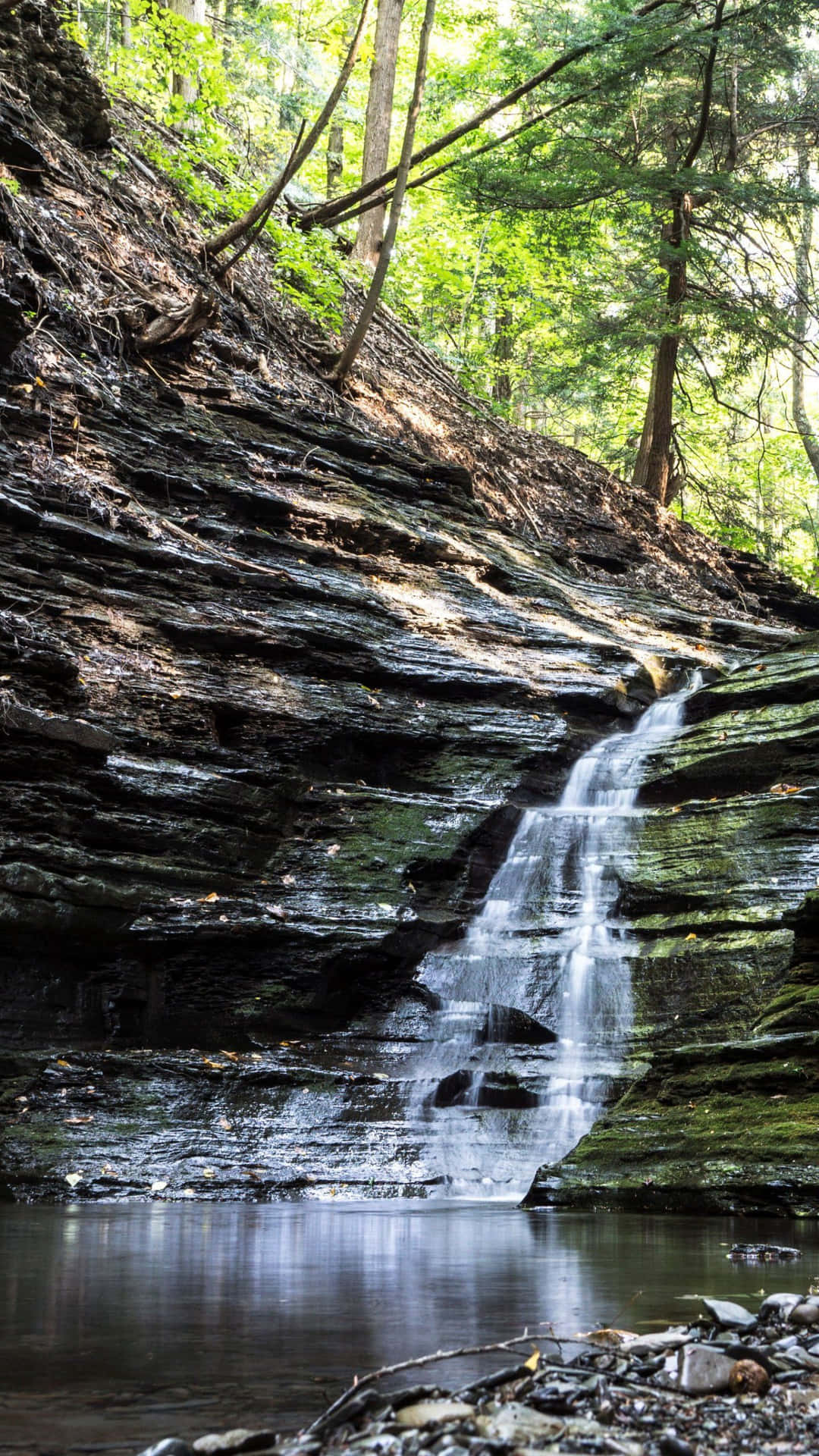 A Waterfall Reflected In The Screen Of An Iphone