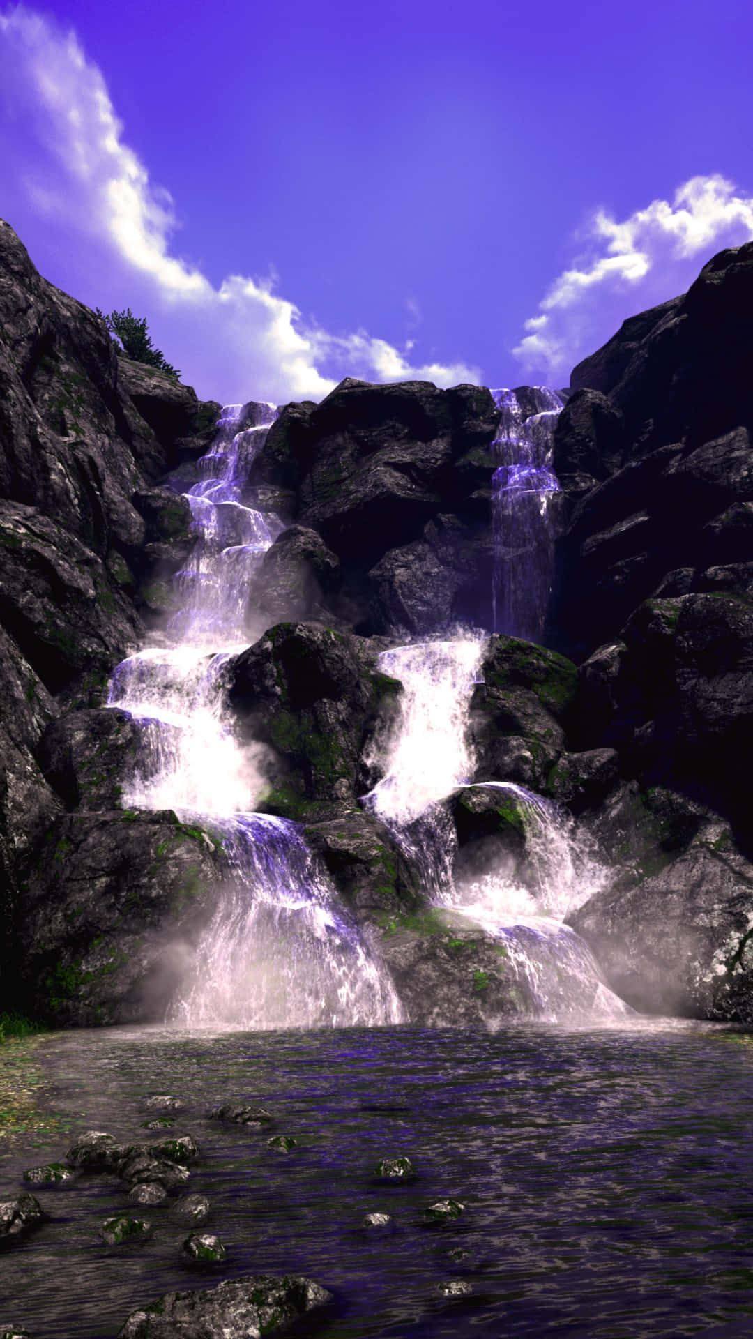 A Waterfall With Blue Sky And Water Background