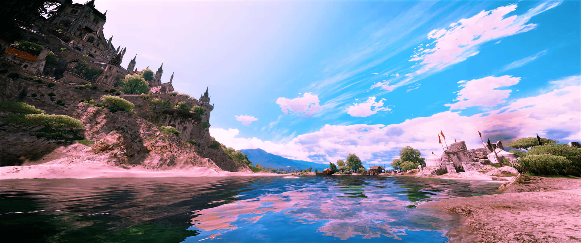 A Watery Scene With A Castle And Mountains Background