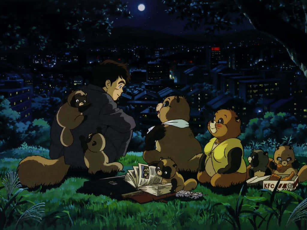 A Whimsical Scene From Pom Poko Featuring Raccoon Dogs With Their Magical Shape-shifting Powers. Background