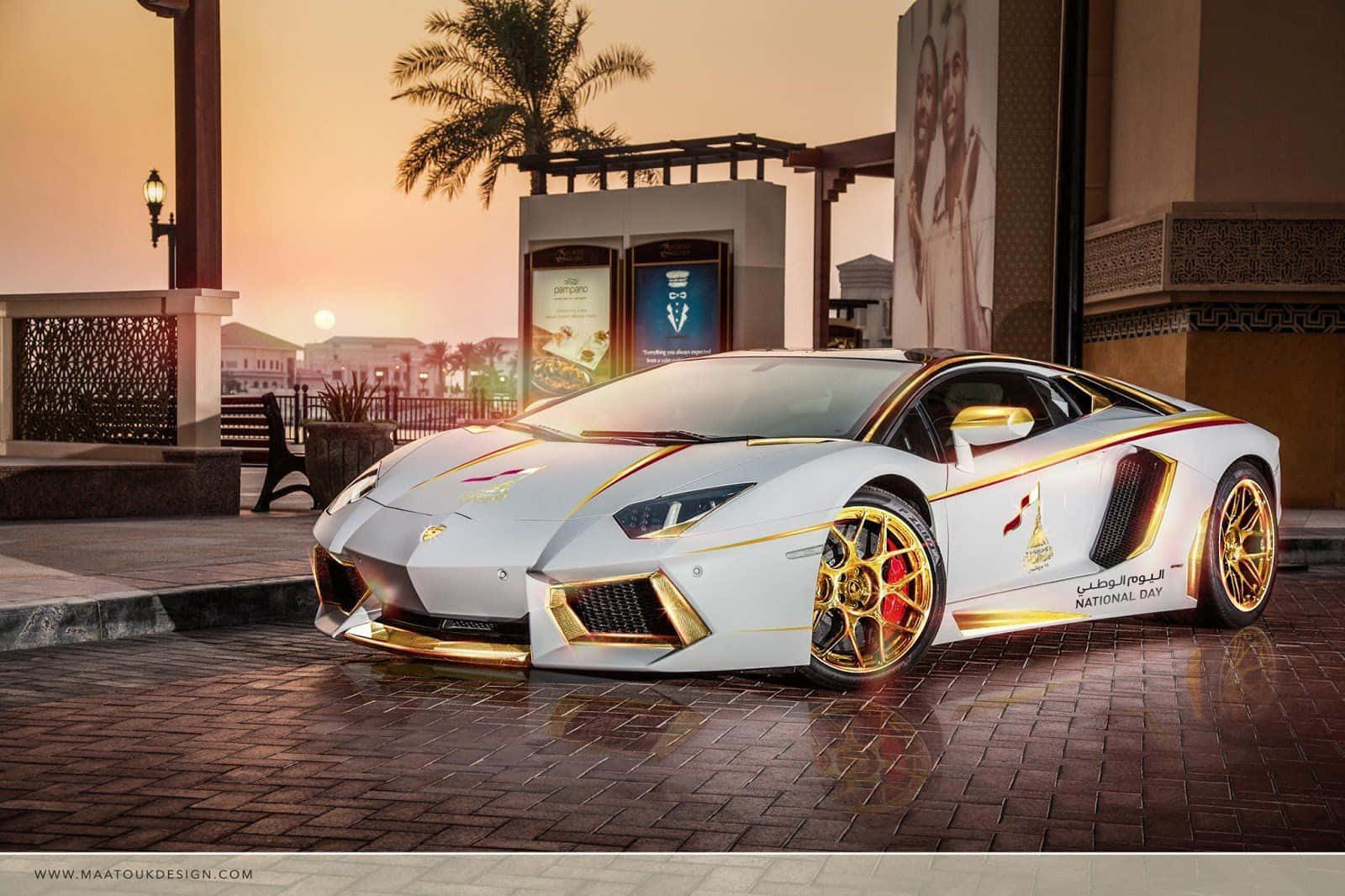 A White And Gold Sports Car Is Parked In Front Of A Building Background