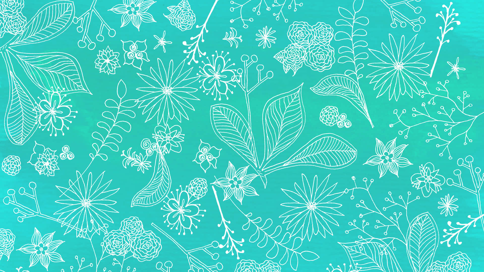 A White And Green Floral Pattern On A Turquoise Background