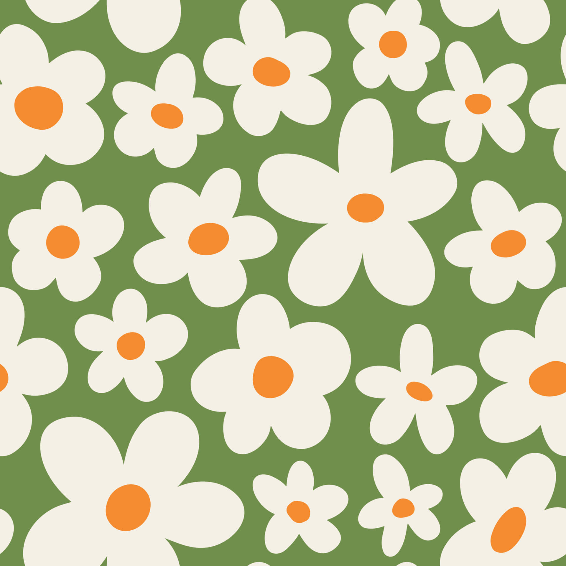 A White And Orange Floral Pattern On Green Background