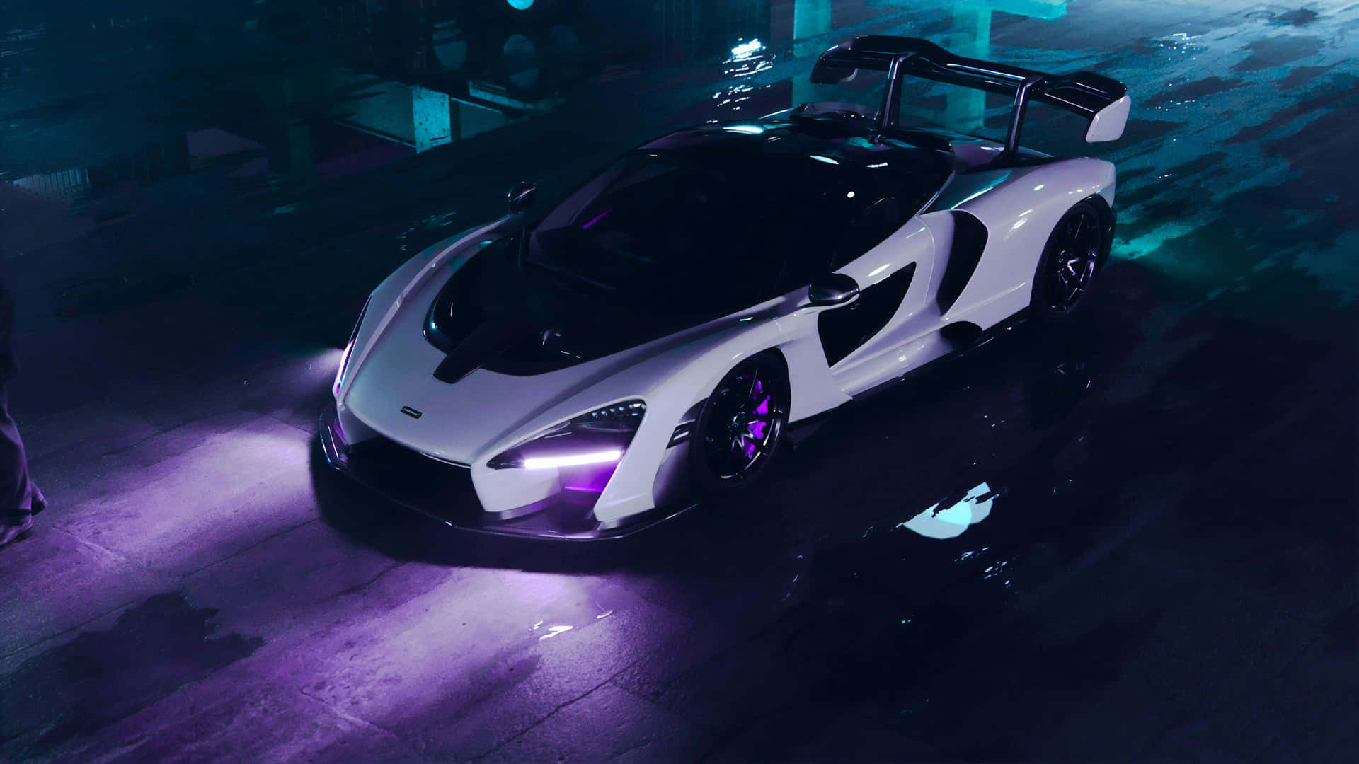 A White And Purple Sports Car Is Parked In A Dark Parking Lot Background