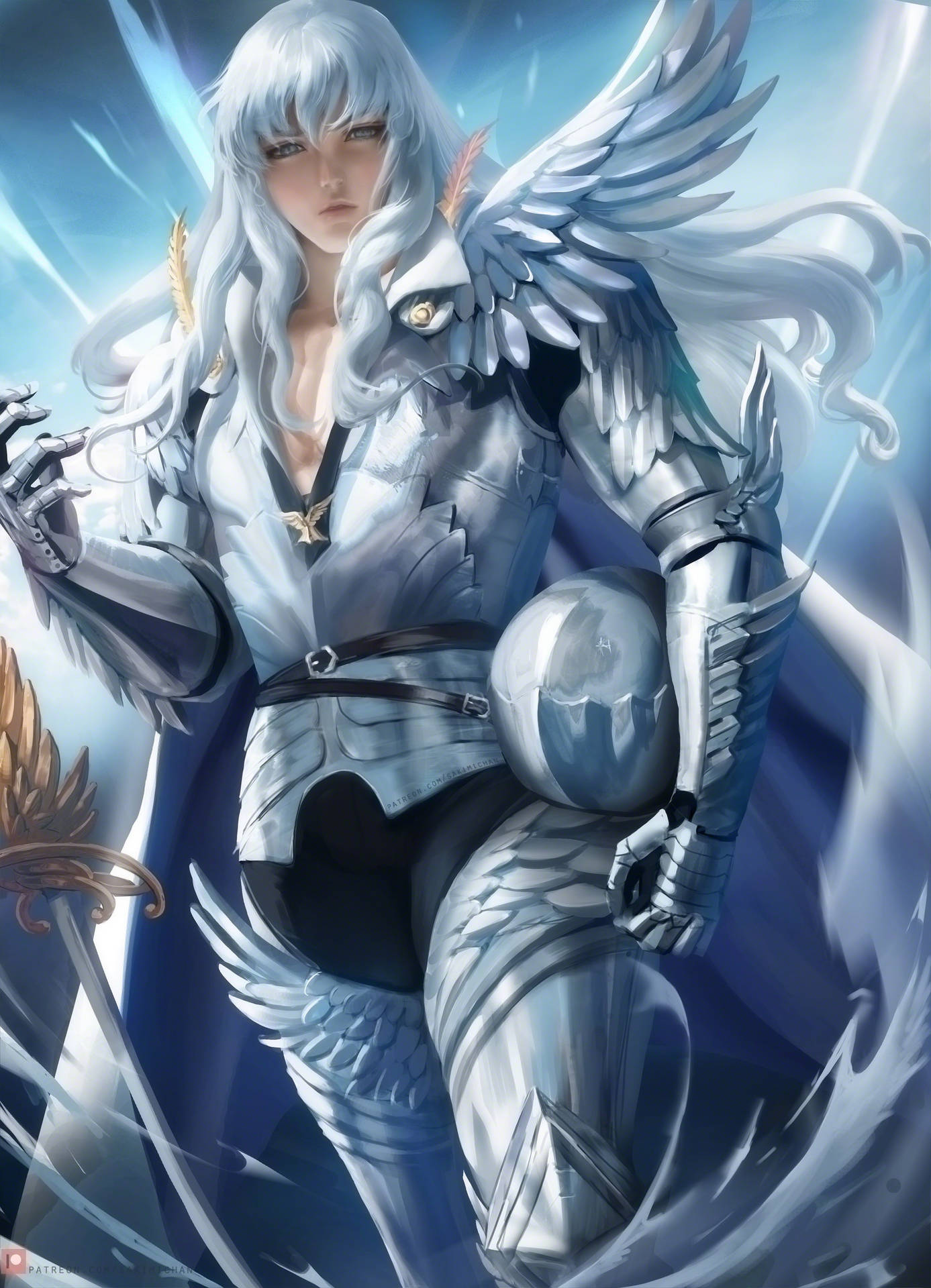 A White And Silver Character With Wings Background