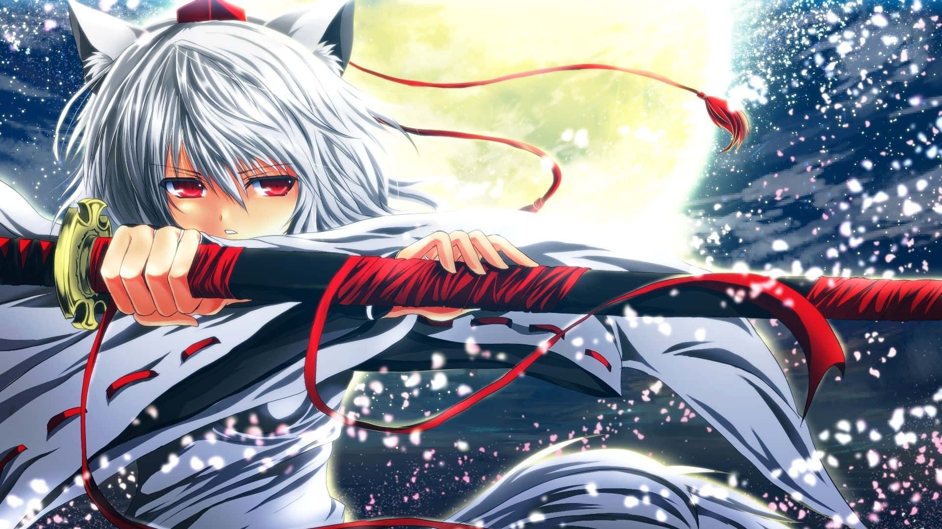 A White Anime Character Holding A Sword In The Air Background