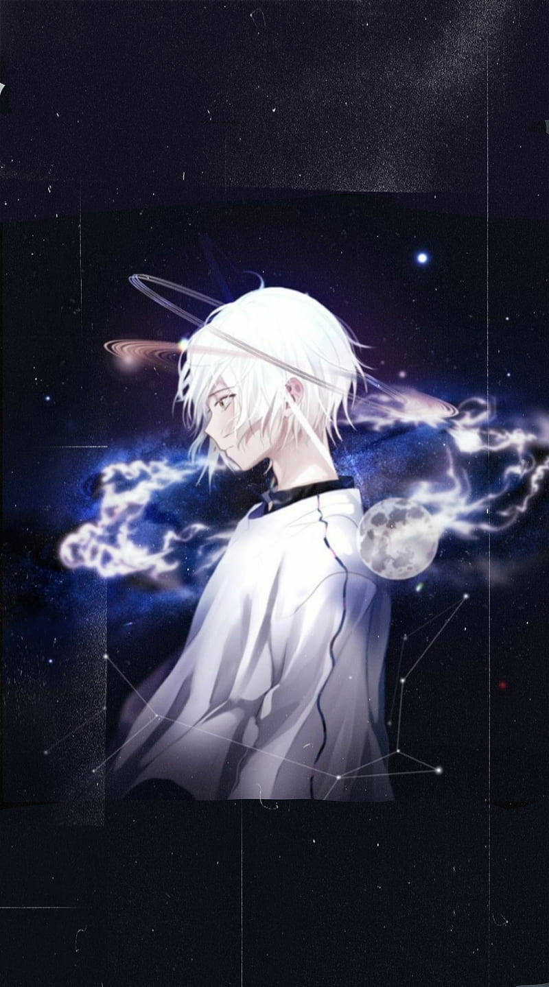 A White Anime Character With A Space Background Background