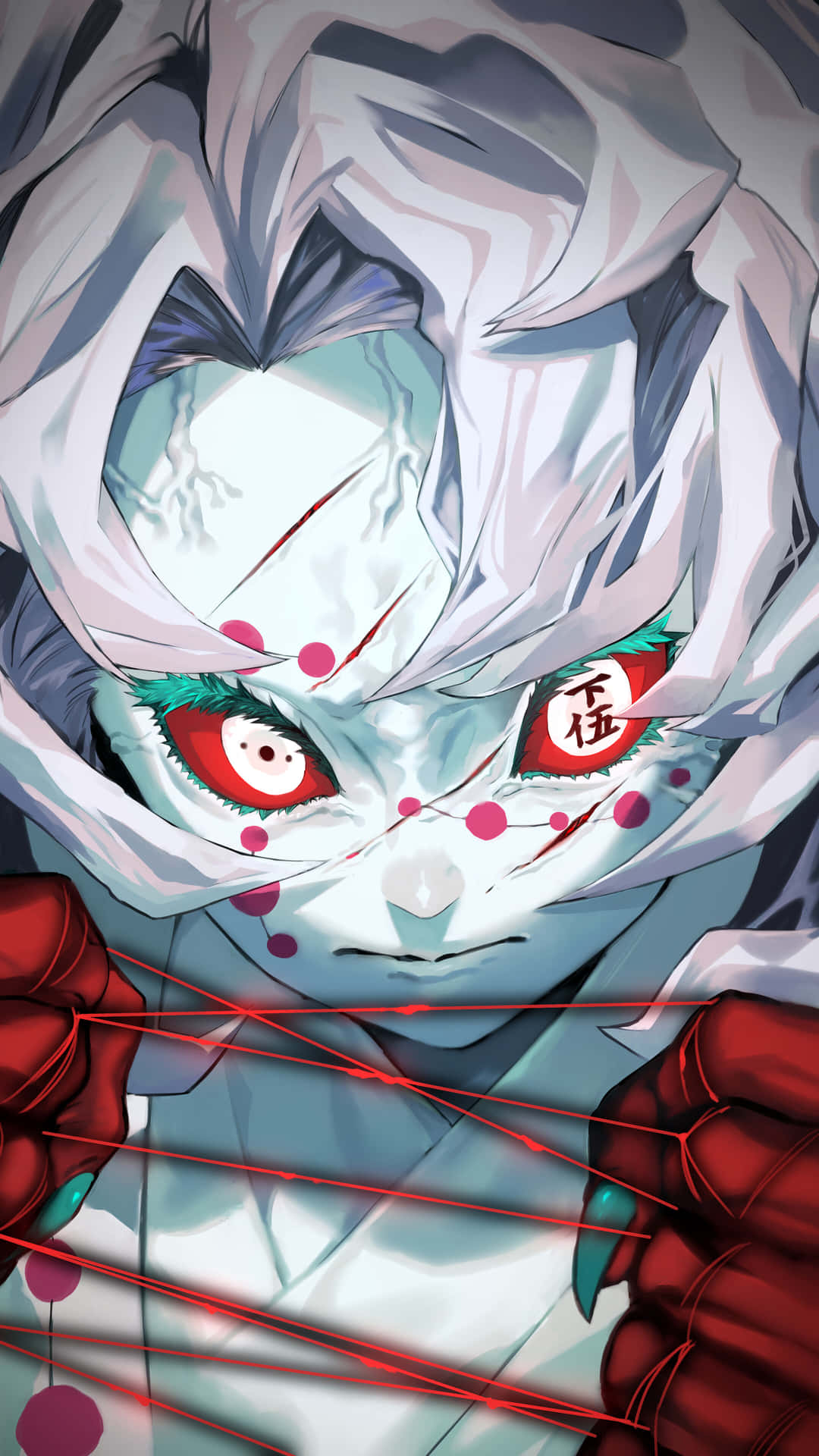 A White Anime Girl With Red Eyes And Bloody Hands Background