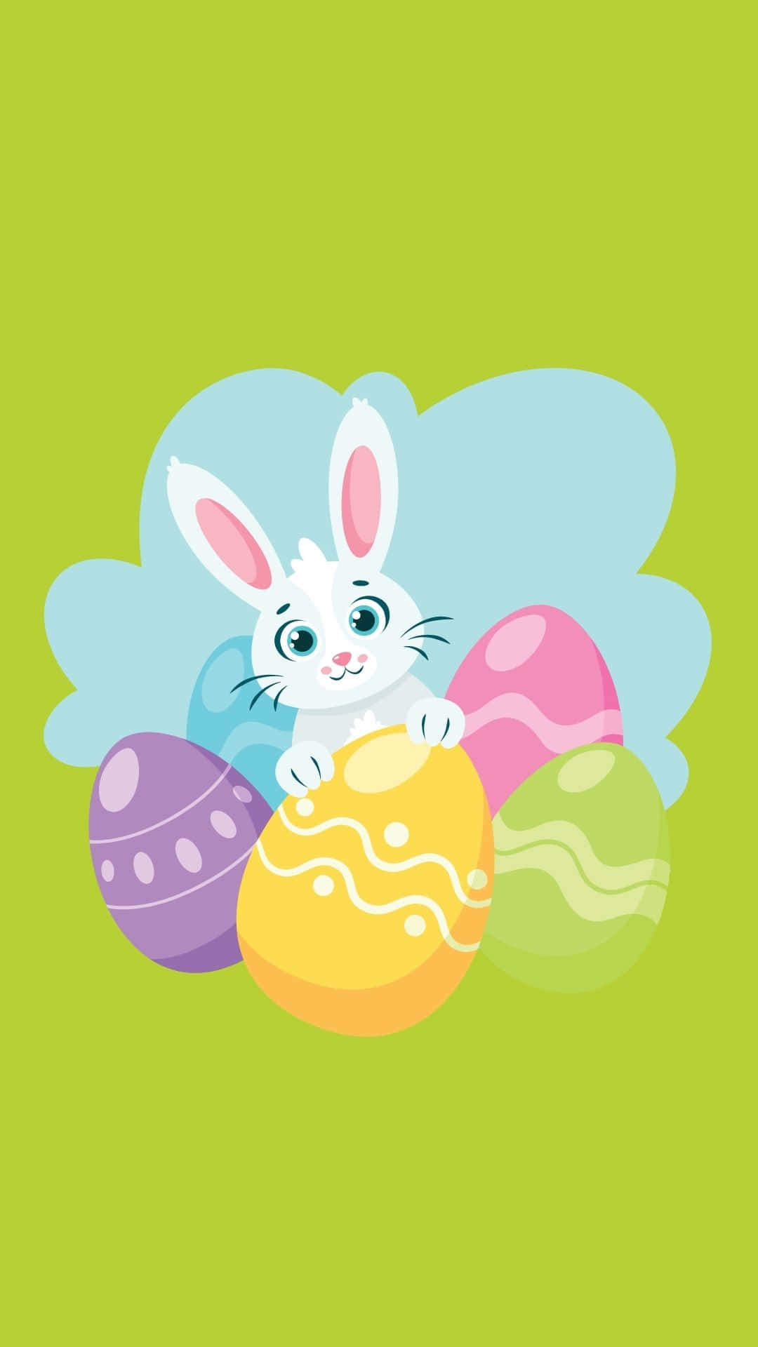 A White Bunny Is Sitting In A Group Of Colored Eggs Background