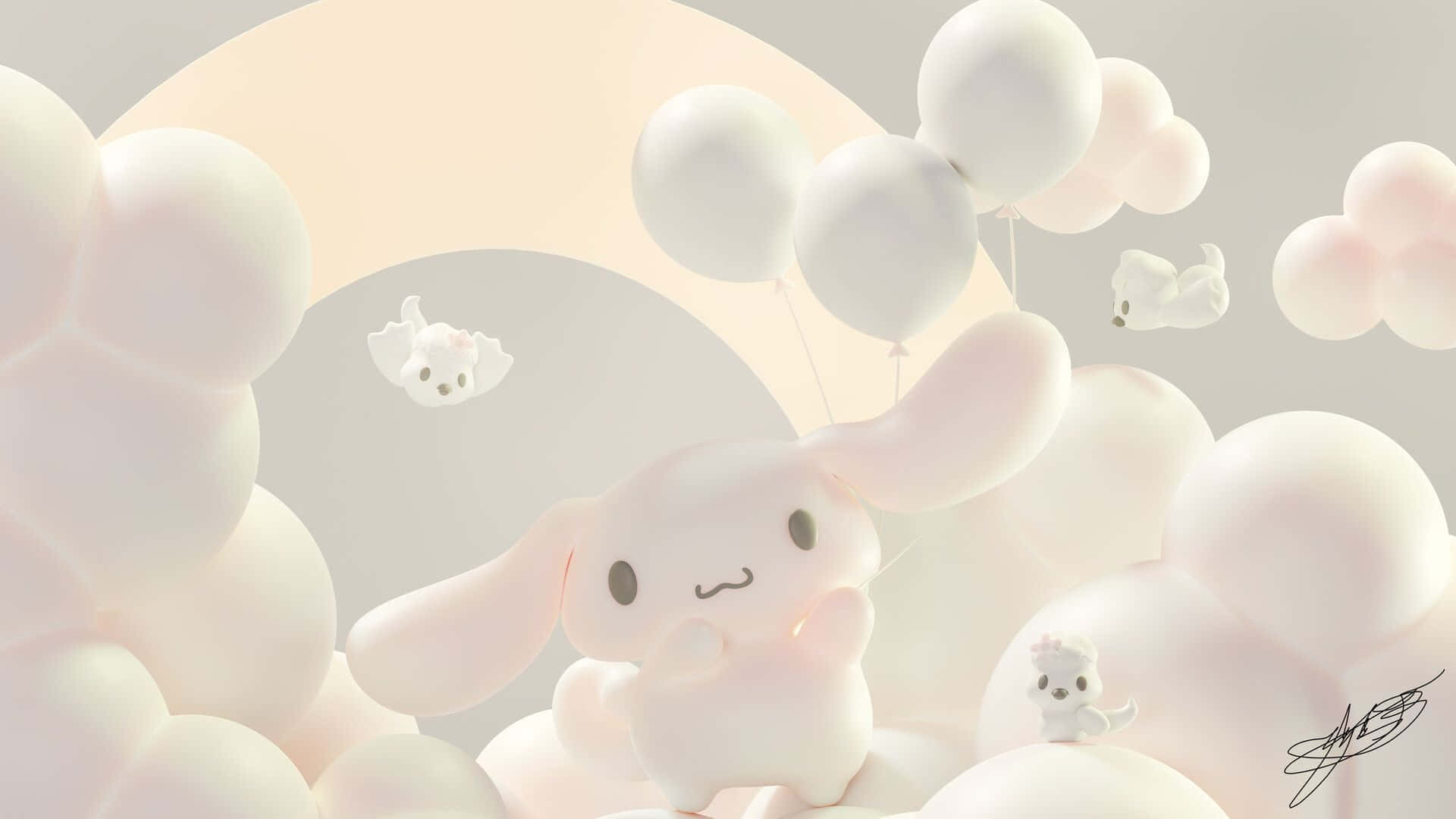 A White Bunny With Balloons Flying In The Sky Background