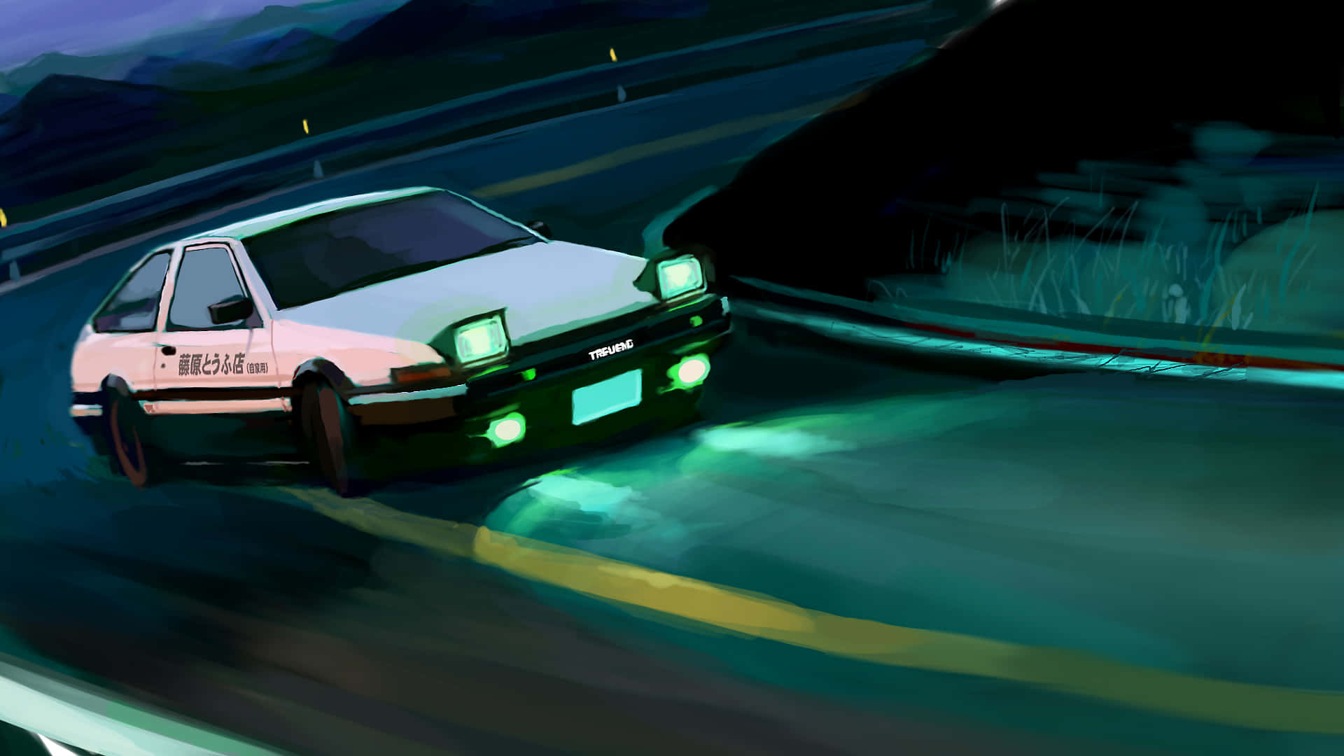 A White Car Driving Down A Road At Night Background