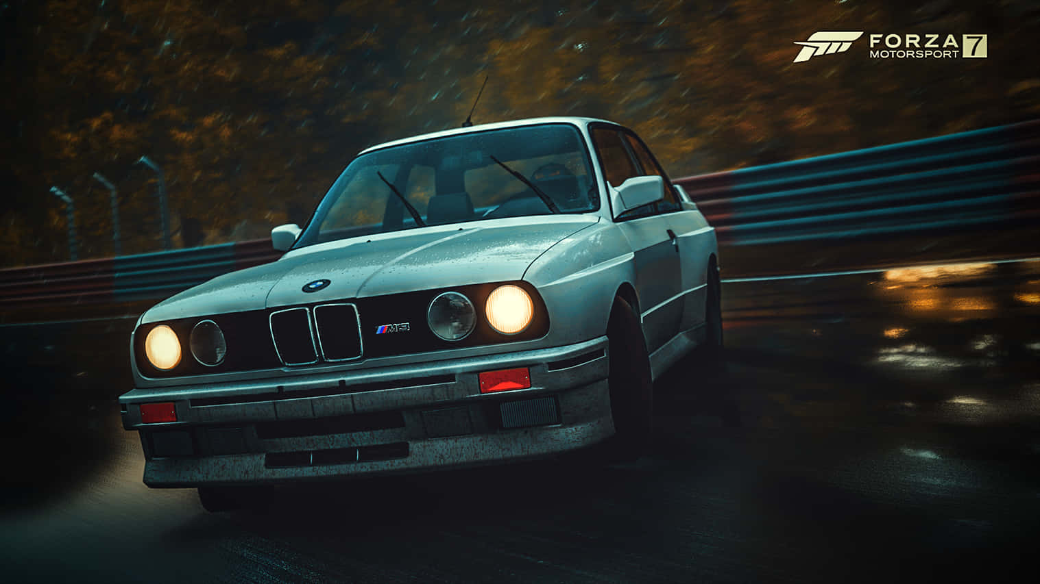 A White Car Driving Down A Track At Night Background