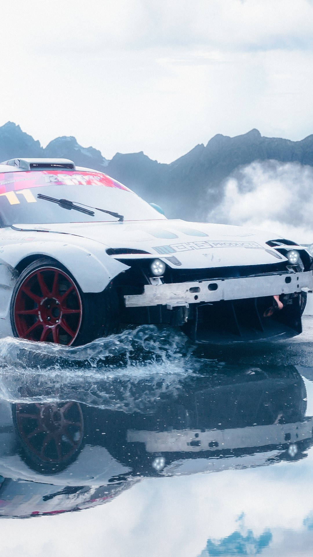 A White Car Driving Through Water In A Mountain Background