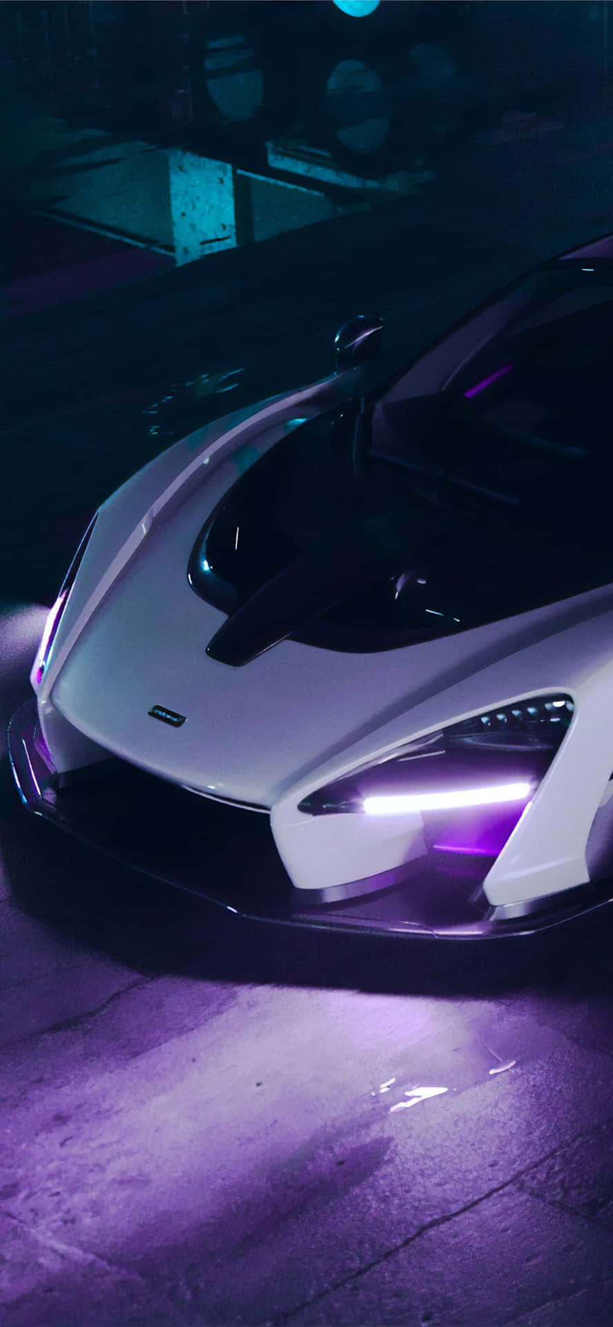 A White Car With Purple Lights In The Background Background