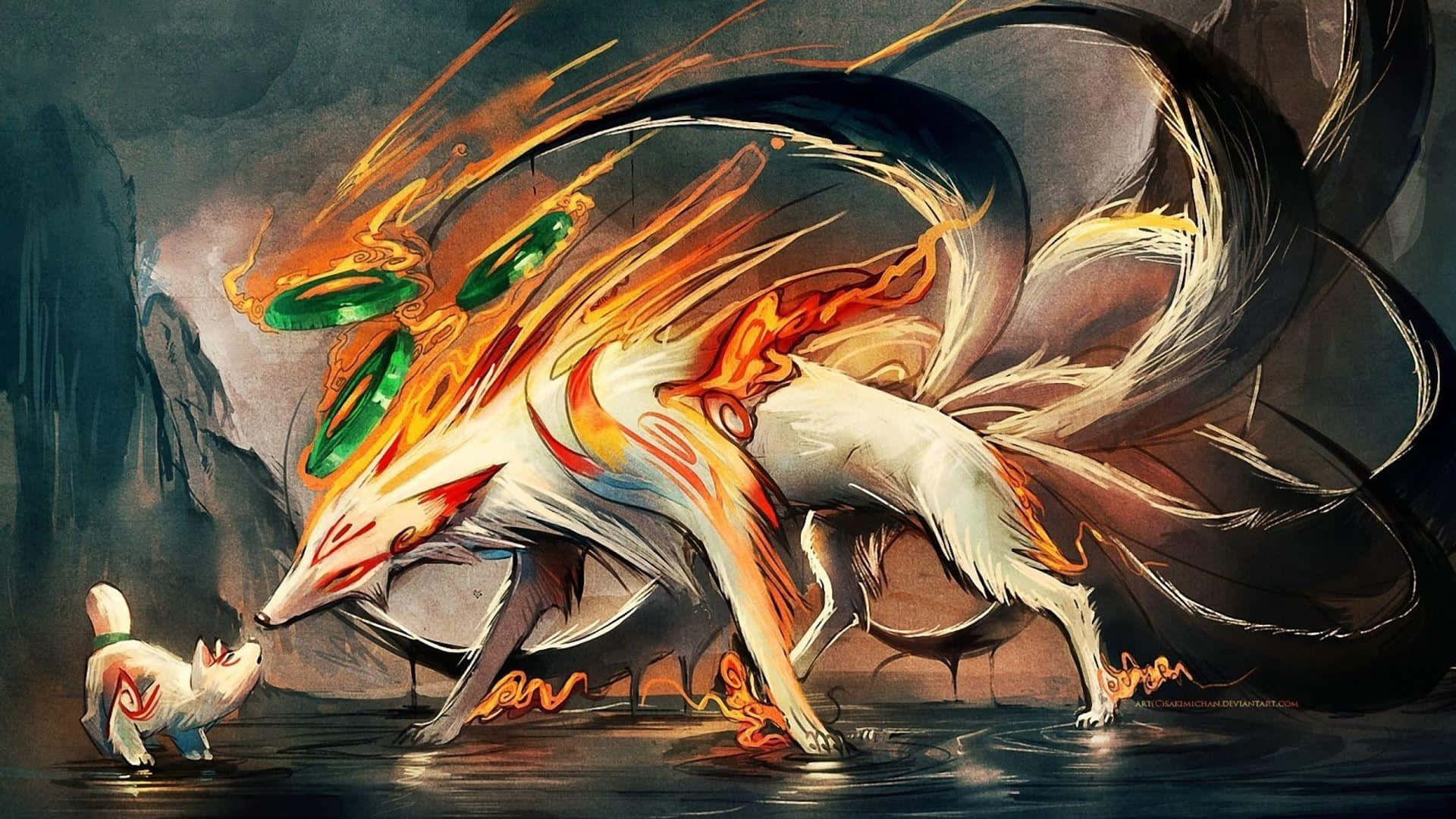 A White Dog With Fire And A White Cat