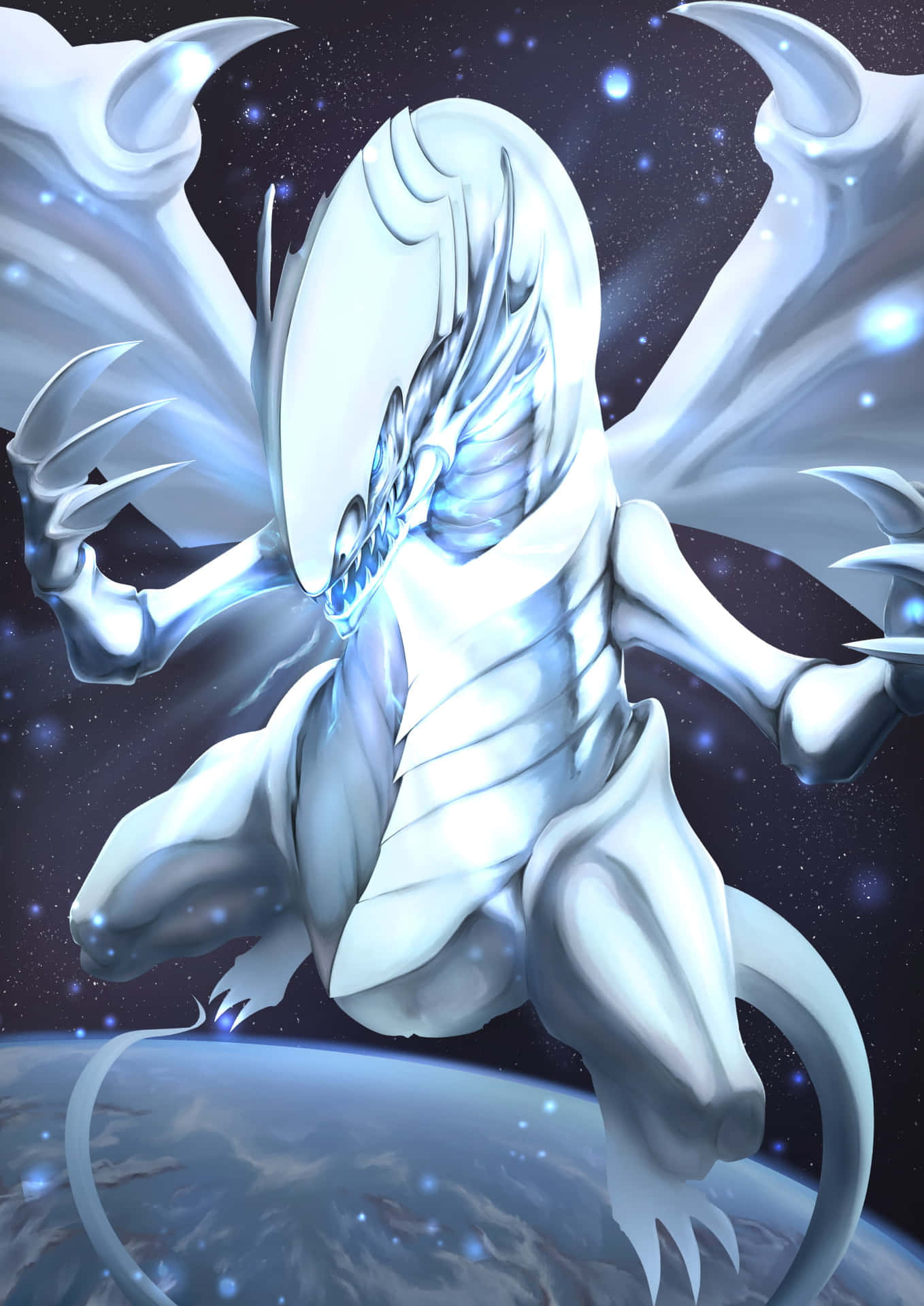 A White Dragon Flying In Space Background